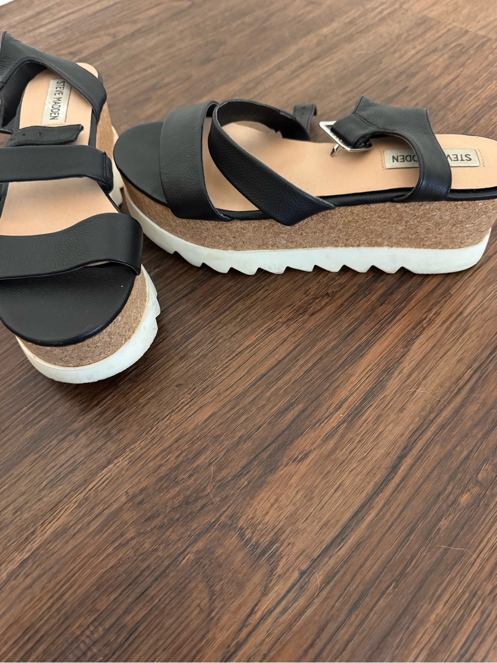 Steve Madden Black Cork Platform Slide Sandals